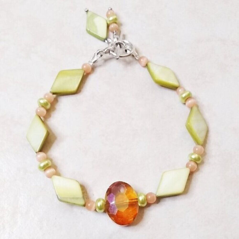 Charteuse & Tangerine! Beaded Bracelet: Shell Crystal CatsEye Faux Pearls 6.5-7"